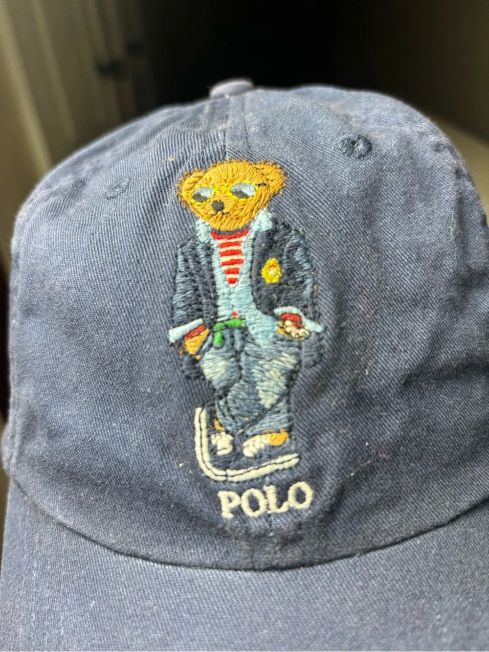 Polo Ralph Lauren Navy Blue Polo Bear Cotton Twill Hat Leather Strap Adjustable